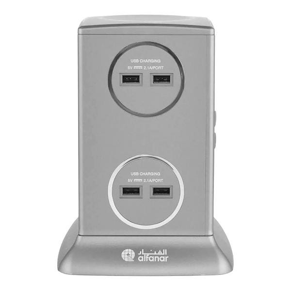 الفنار 13 أمبير وصلة تمديد طاقة بـ 6 مقابس و 4 منفذ USB بلون الرمادي وكابل بطول 3 أمتار — صورة 1
